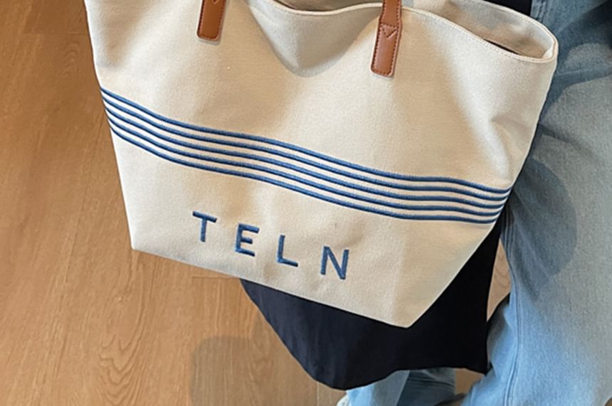 Striped Canvas Embroidered Tote Lettering Bag