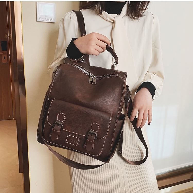 Faux Buckled Leather Backpack