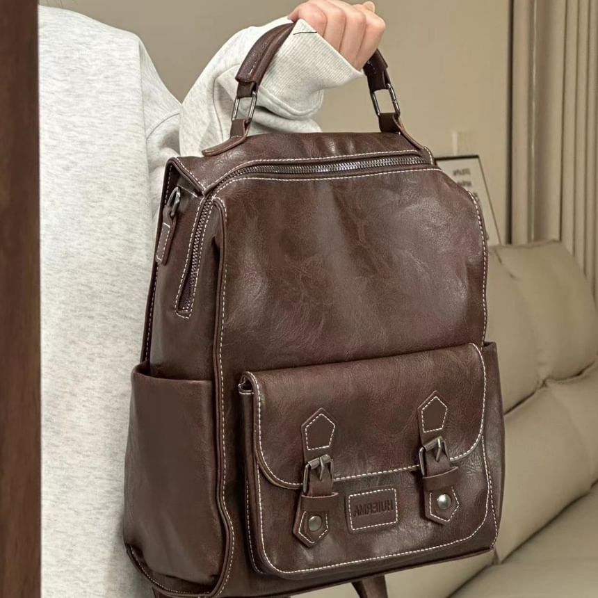 Faux Buckled Leather Backpack