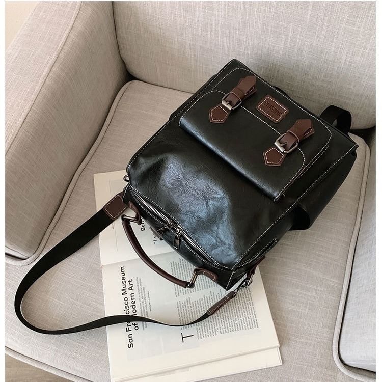 Faux Buckled Leather Backpack