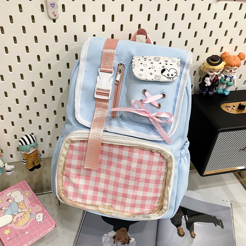 Panel Buckled Ribbon Gingham Backpack PVC Nylon