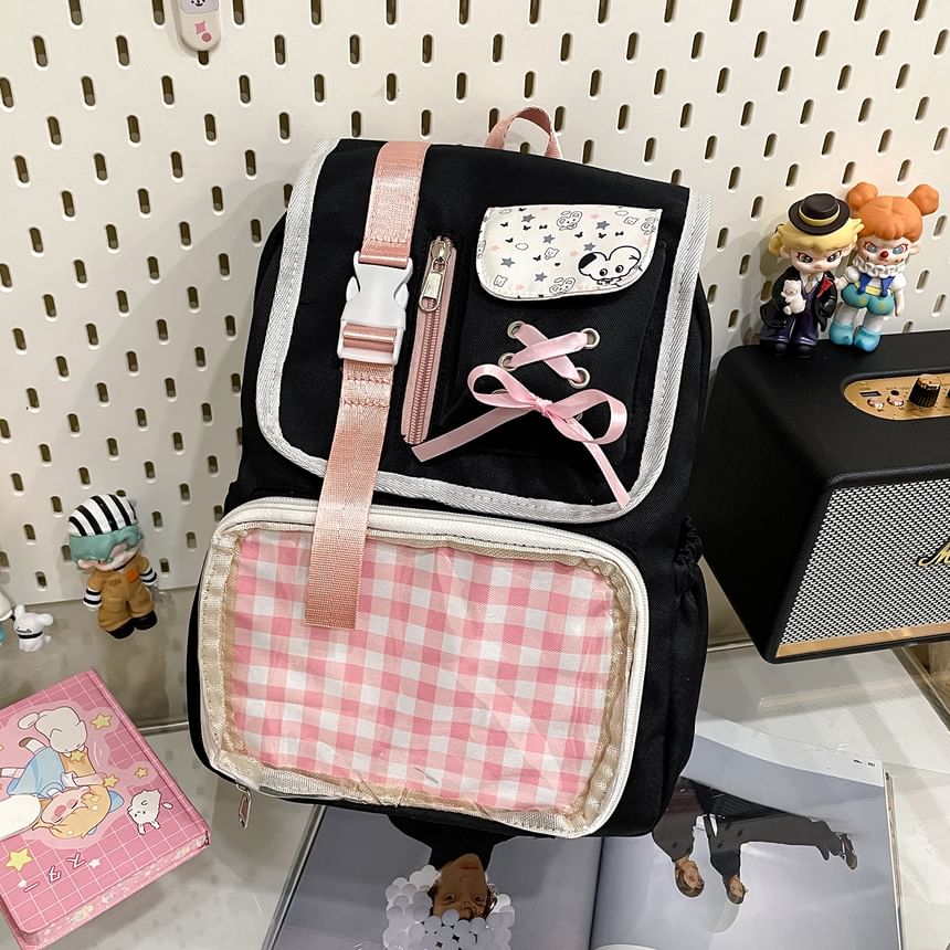 Panel Buckled Ribbon Gingham Backpack PVC Nylon