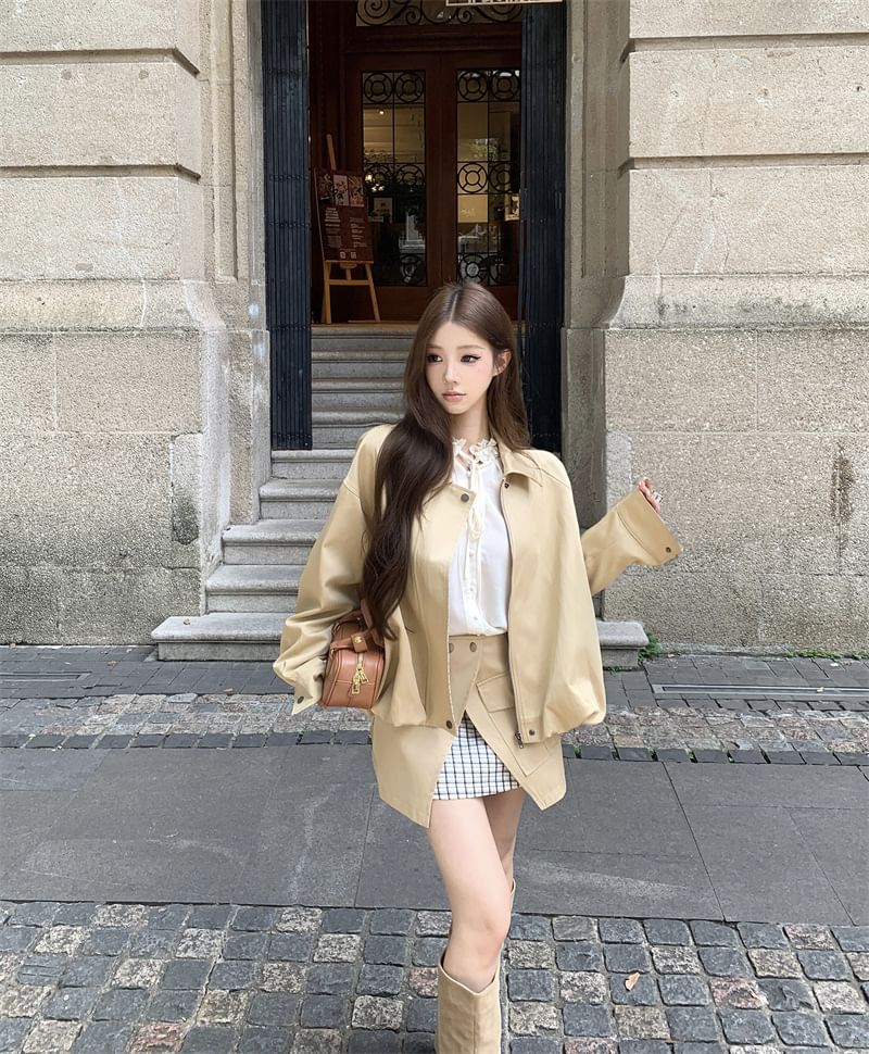Collared Zip Jacket & Plaid Cargo Skirt Set