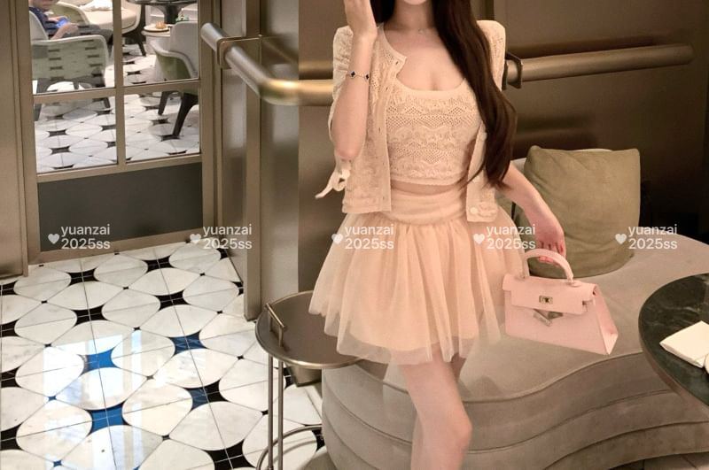 Crochet Crop Tank, Cardigan & Mesh Mini Skirt