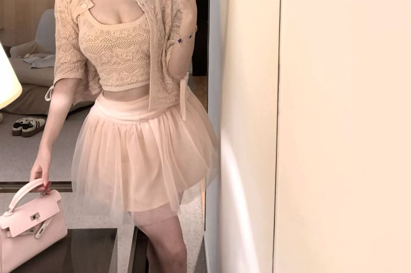 Crochet Crop Tank, Cardigan & Mesh Mini Skirt