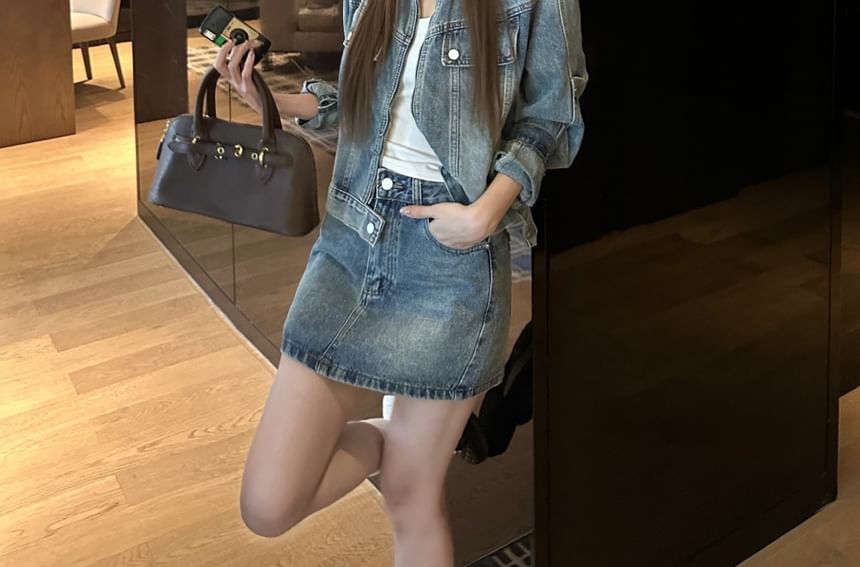 Washed Denim Jacket & Mini A-Line Skirt