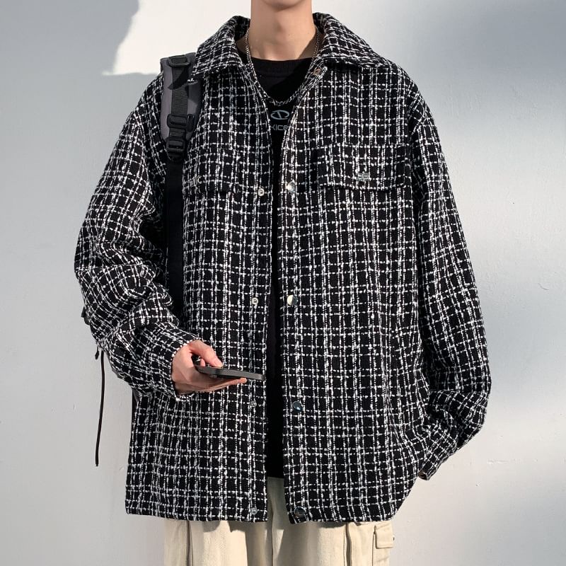 Collared Tweed Button-Up Jacket