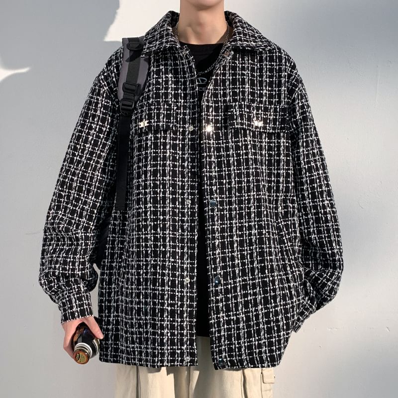 Collared Tweed Button-Up Jacket