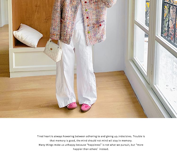 Crew Neck Fringed Button-Up Tweed Jacket