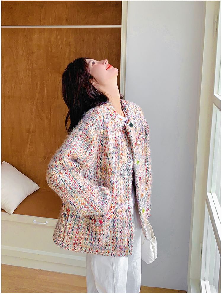 Crew Neck Fringed Button-Up Tweed Jacket