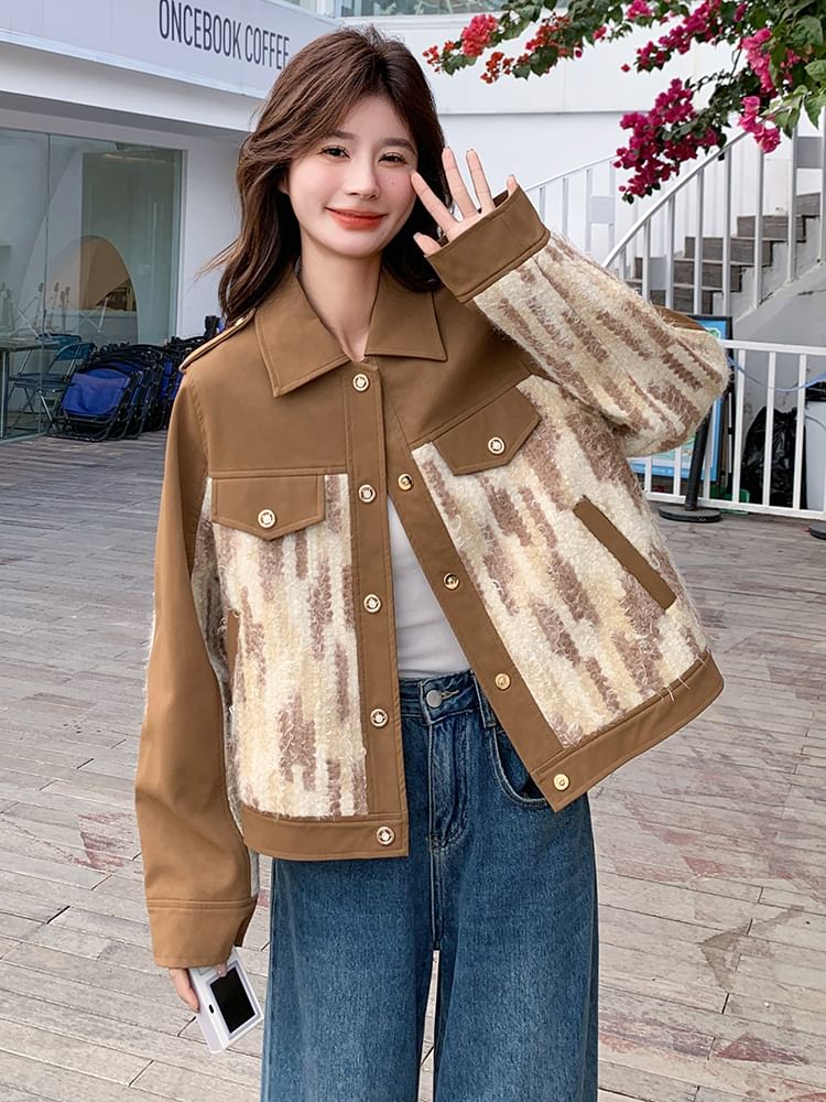 Collared Tweed Panel Button-Up Jacket