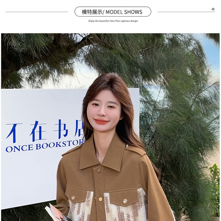 Collared Tweed Panel Button-Up Jacket