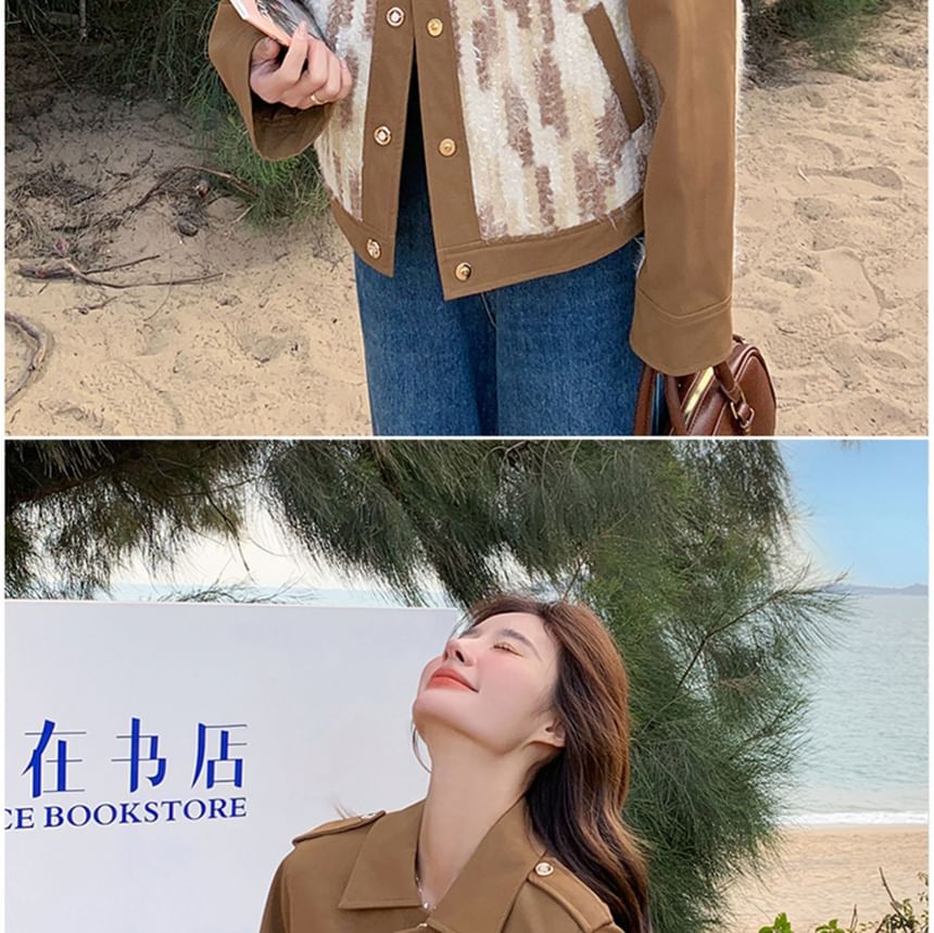 Collared Tweed Panel Button-Up Jacket