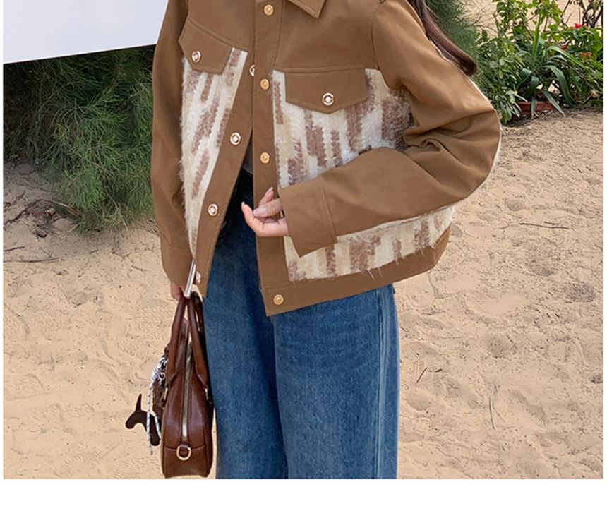 Collared Tweed Panel Button-Up Jacket