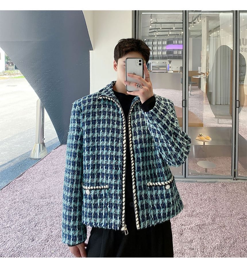 Collared Tweed Zip-Up Jacket