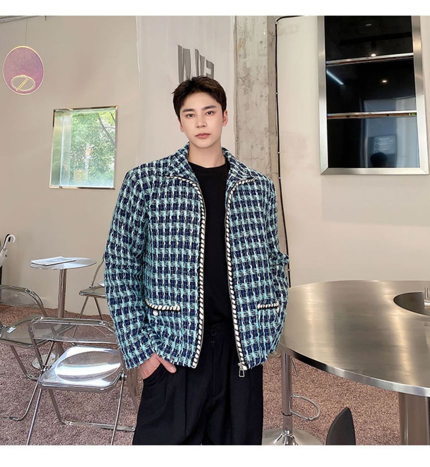 Collared Tweed Zip-Up Jacket