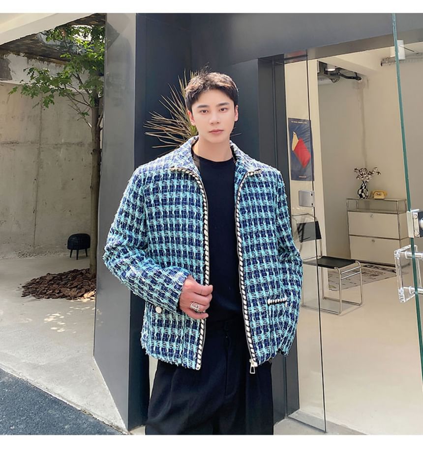 Collared Tweed Zip-Up Jacket