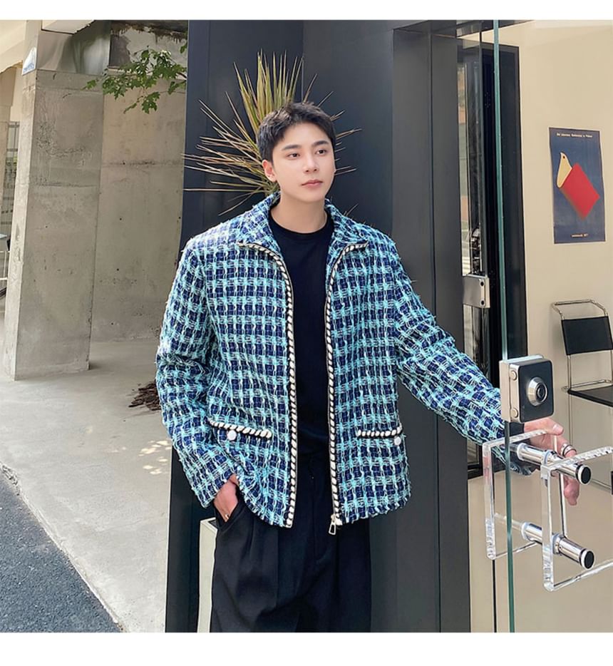 Collared Tweed Zip-Up Jacket