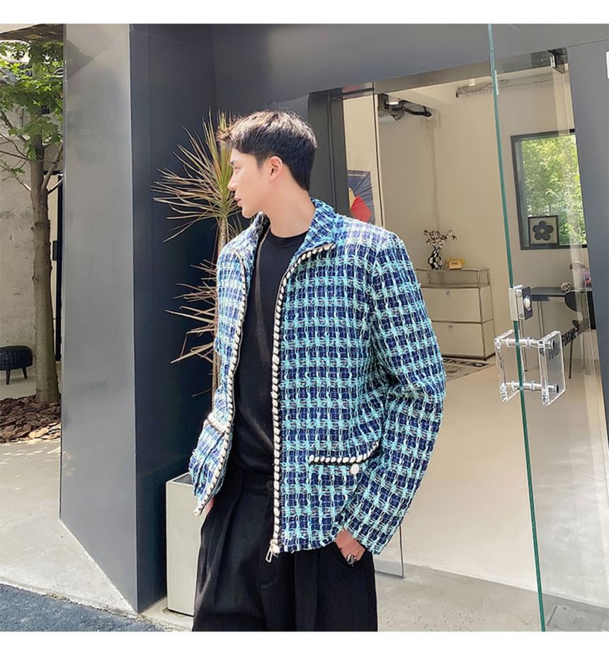 Collared Tweed Zip-Up Jacket