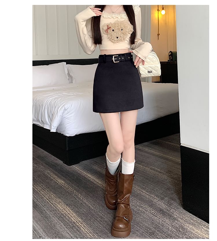 High-Rise Belted Faux Suede Mini A-Line Skirt