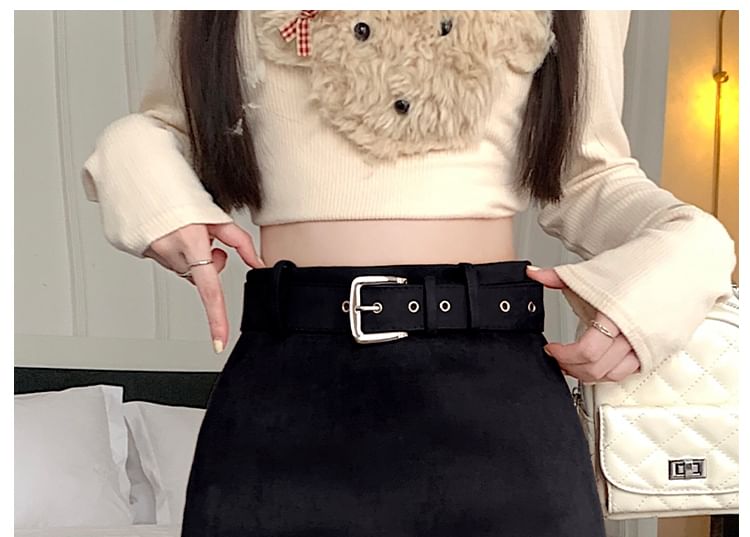 High-Rise Belted Faux Suede Mini A-Line Skirt