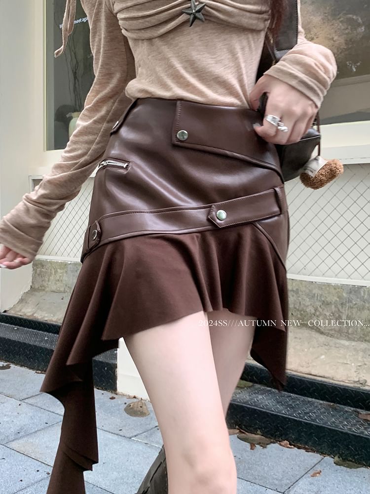 High-Rise Faux Leather Asymmetrical Mini A-Line Skirt