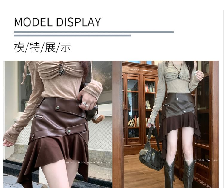 High-Rise Faux Leather Asymmetrical Mini A-Line Skirt