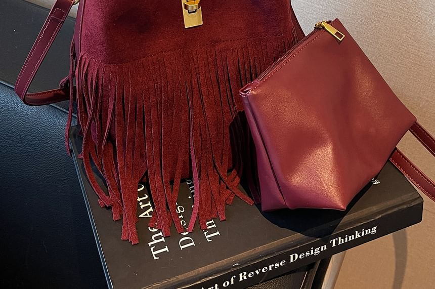 Faux With Suede Plain Crossbody Pouch Fringe Bag