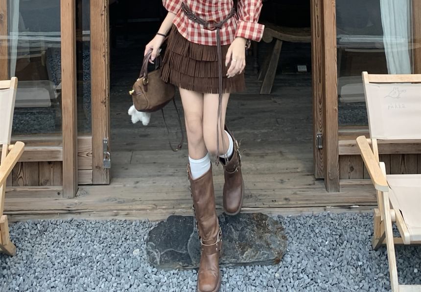 Long-Sleeve Off-Shoulder Plaid Blouse, High-Waist Tiered Mini A-Line Skirt & Belt Set