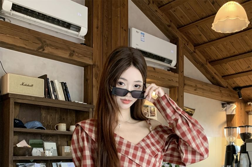 Long-Sleeve Off-Shoulder Plaid Blouse, High-Waist Tiered Mini A-Line Skirt & Belt Set