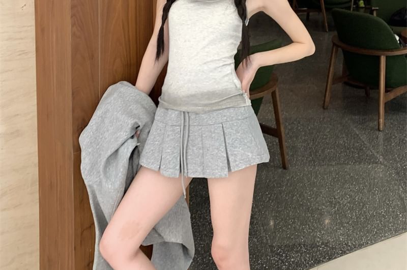 V-Neck Oversized Hoodie, High-Waist Mini Pleated Skirt & Scoop Neck Tank