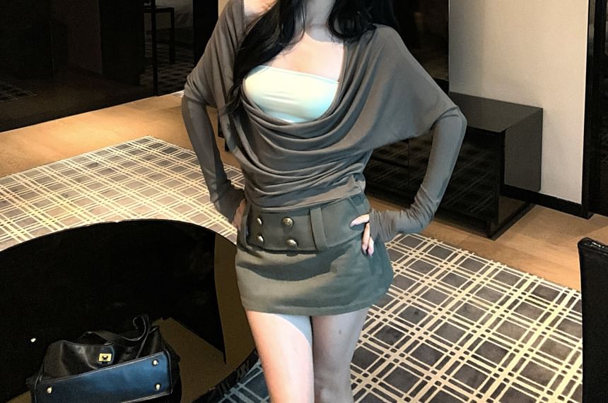 Lace Cowl Neck Two Piece Tee with Mini A-Line Skirt