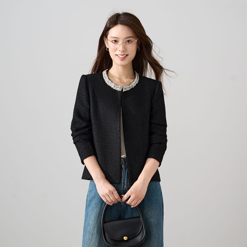Round Neck Sequin Tweed Jacket