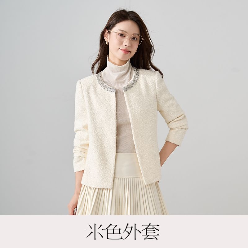 Round Neck Sequin Tweed Jacket