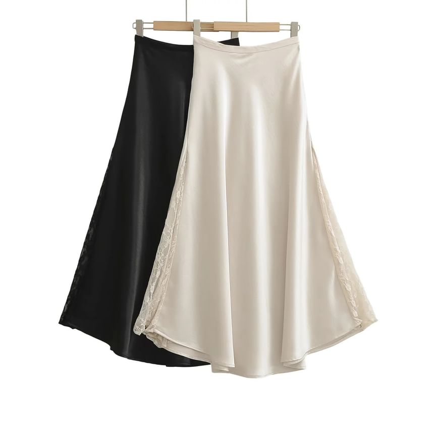 Satin Lace Panel Maxi Skirt - High Rise