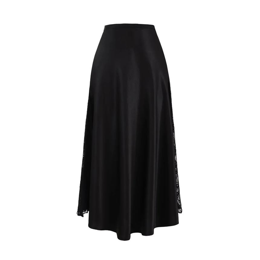 Satin Lace Panel Maxi Skirt - High Rise