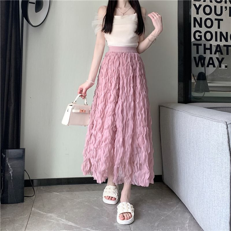 High-Waist Crinkle Mesh Midi A-Line Skirt