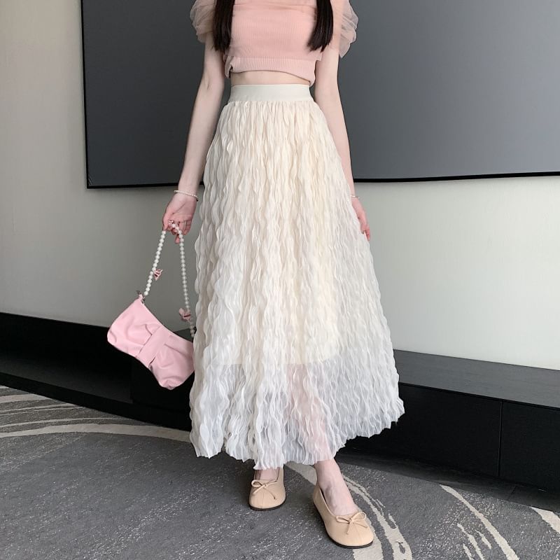 High-Waist Crinkle Mesh Midi A-Line Skirt