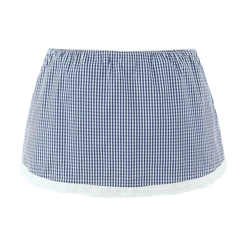 Puff-Sleeve Gingham Lace Blouse & Mini Pencil Skirt