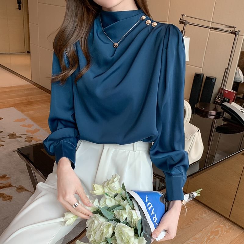 Plain Ruched Mock-Neck Long-Sleeved Blouse
