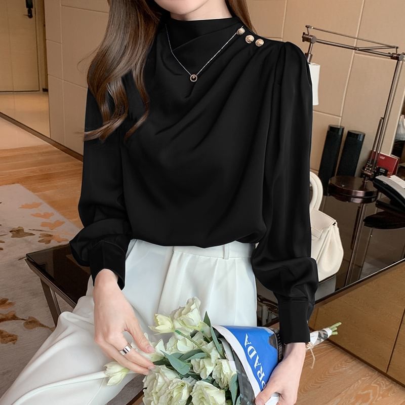 Plain Ruched Mock-Neck Long-Sleeved Blouse