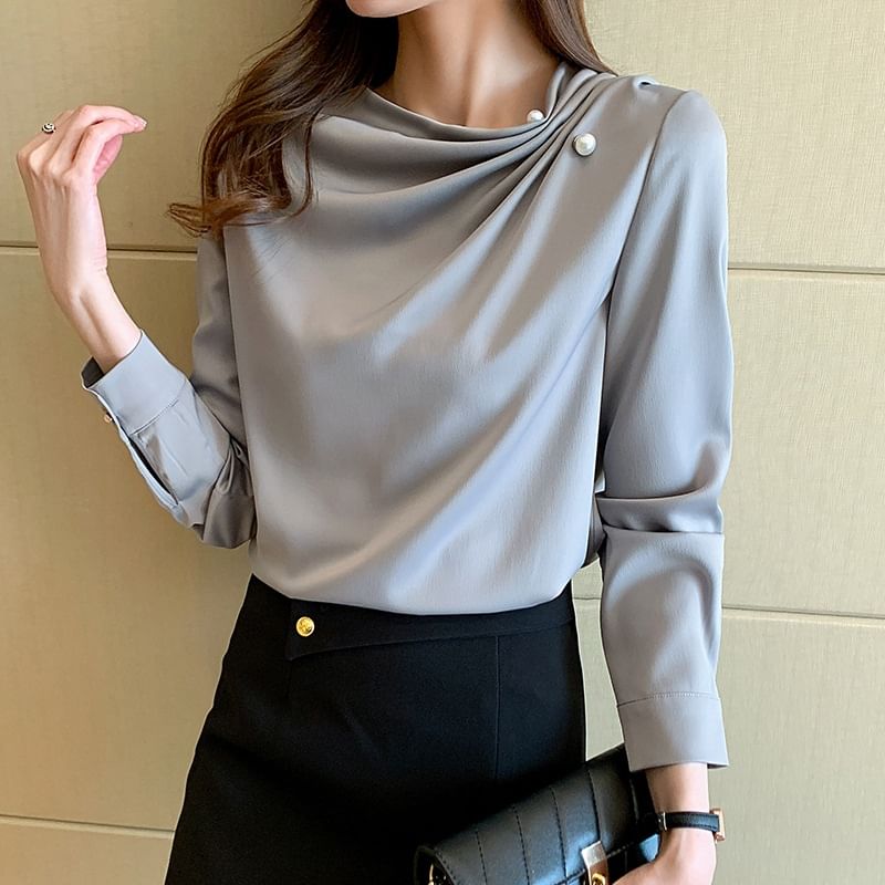 Plain Ruched Long-Sleeved Blouse