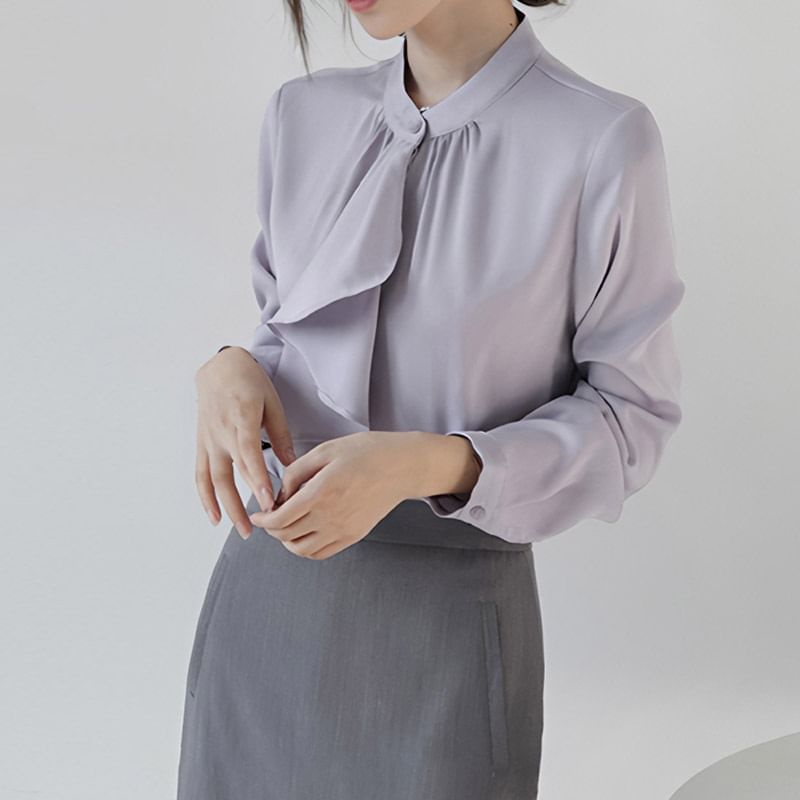 Plain Ruffle-Trimmed Band-Collar Long-Sleeved Blouse