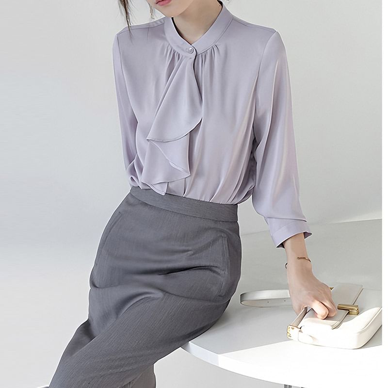 Plain Ruffle-Trimmed Band-Collar Long-Sleeved Blouse