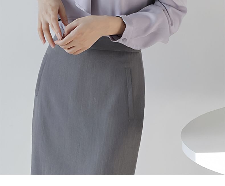 Plain Ruffle-Trimmed Band-Collar Long-Sleeved Blouse