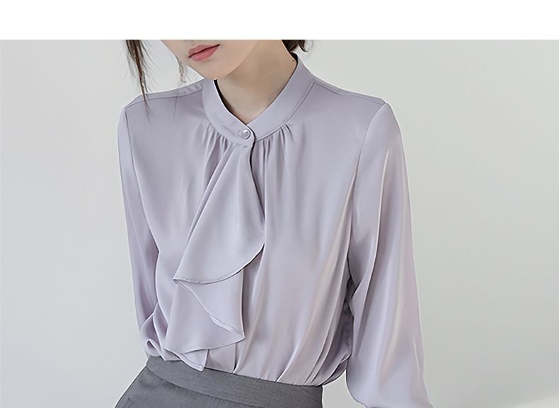 Plain Ruffle-Trimmed Band-Collar Long-Sleeved Blouse