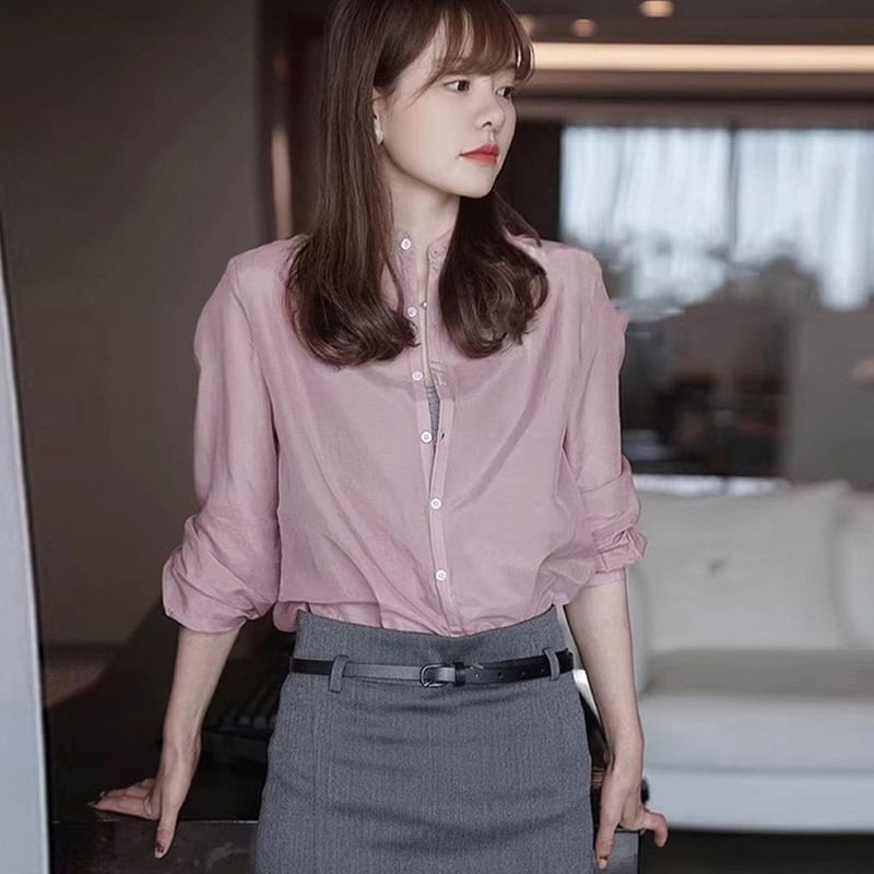 Plain Band-Collar Long-Sleeved Button-Up Shirt