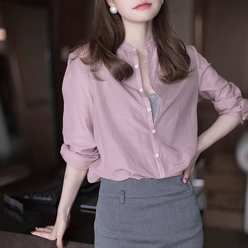 Plain Band-Collar Long-Sleeved Button-Up Shirt