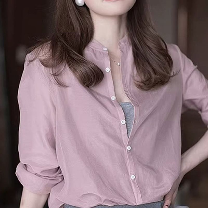 Plain Band-Collar Long-Sleeved Button-Up Shirt