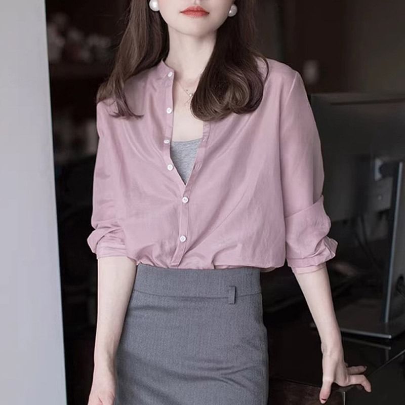 Plain Band-Collar Long-Sleeved Button-Up Shirt